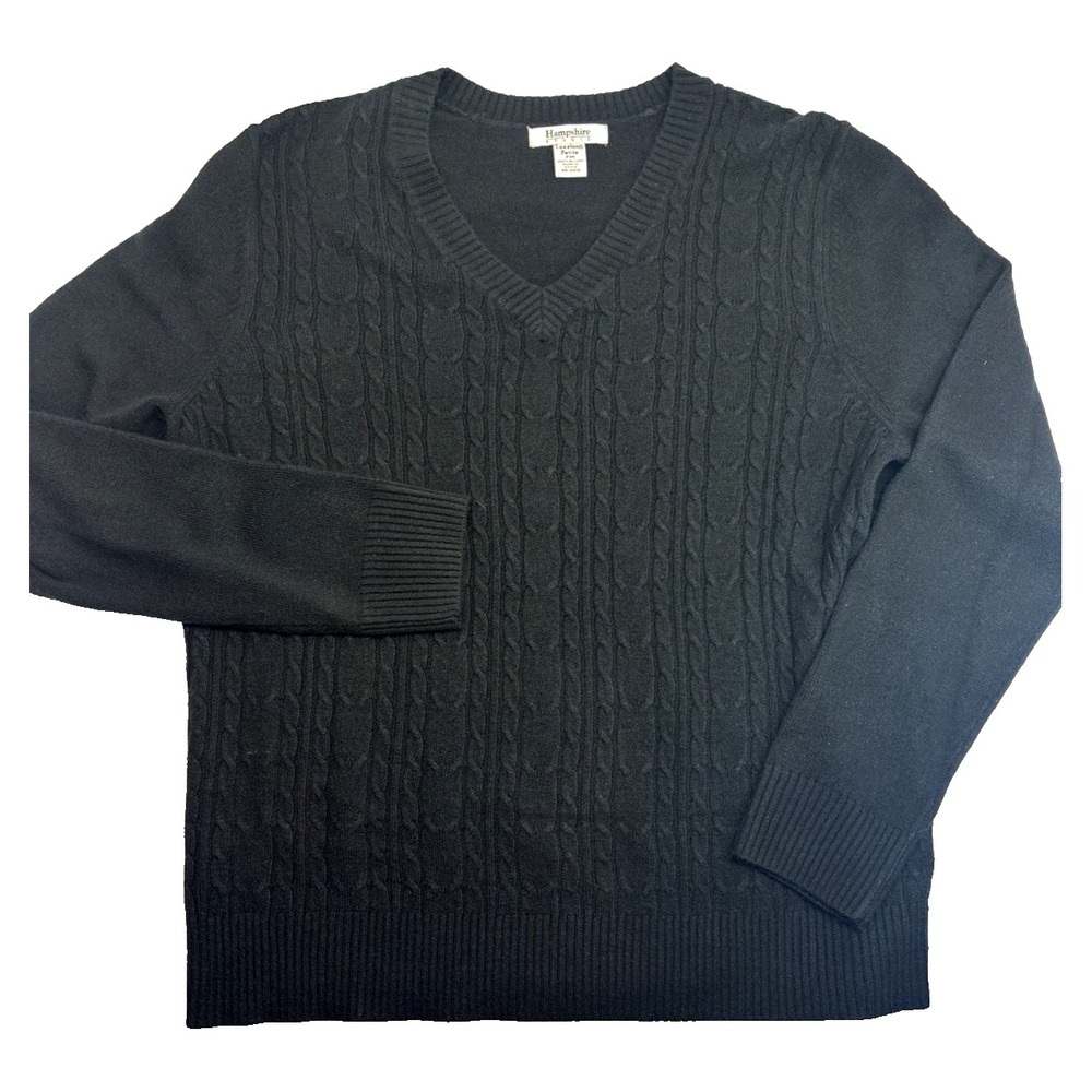 Hampshire Studio Black V Neck‎ Long Sleeve Sweater Size PM Cable Knit Soft
